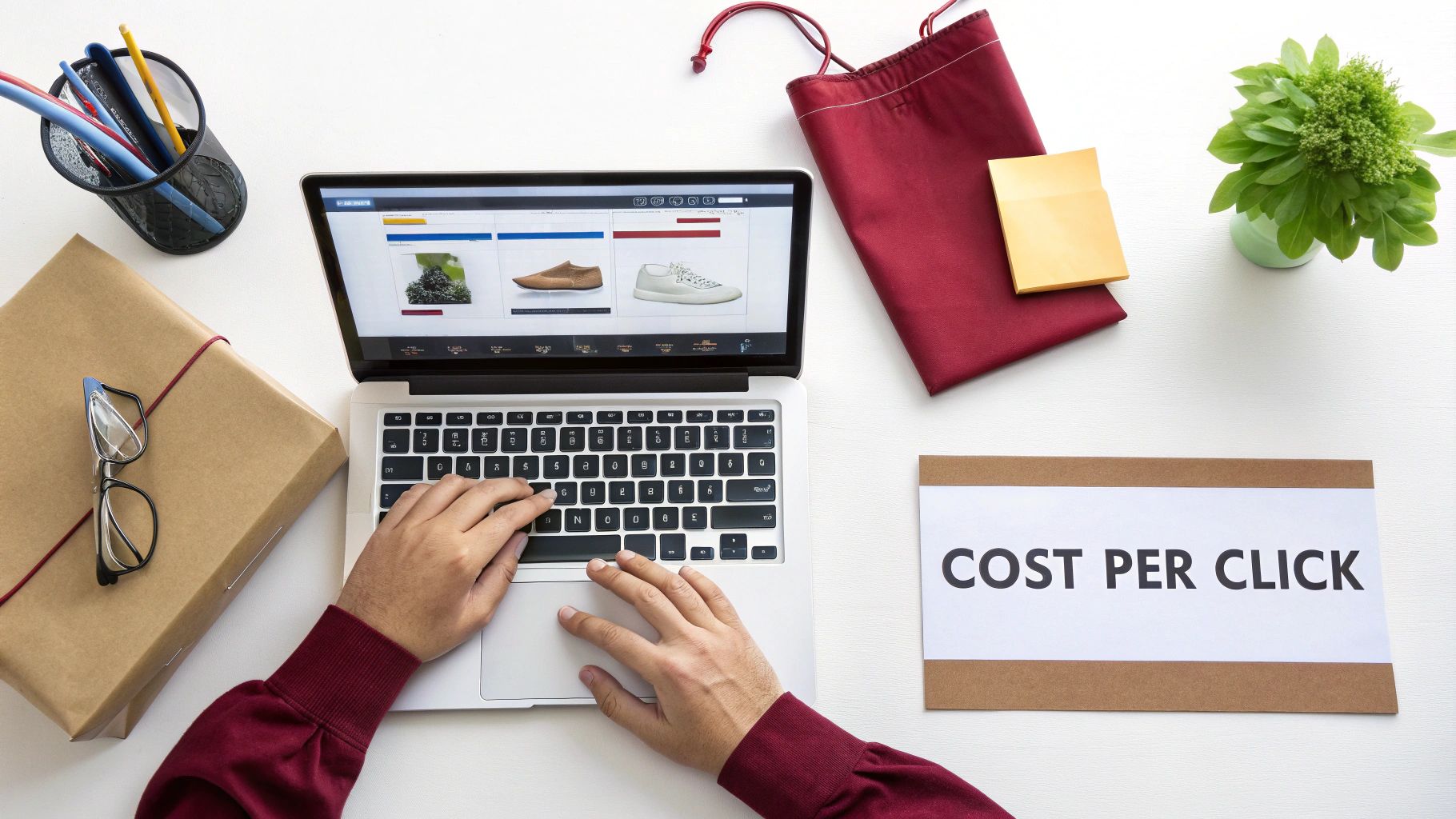 Overhead shot of hands typing on a laptop displaying shoes on an e-commerce site, with a 'COST PER CLICK' sign.