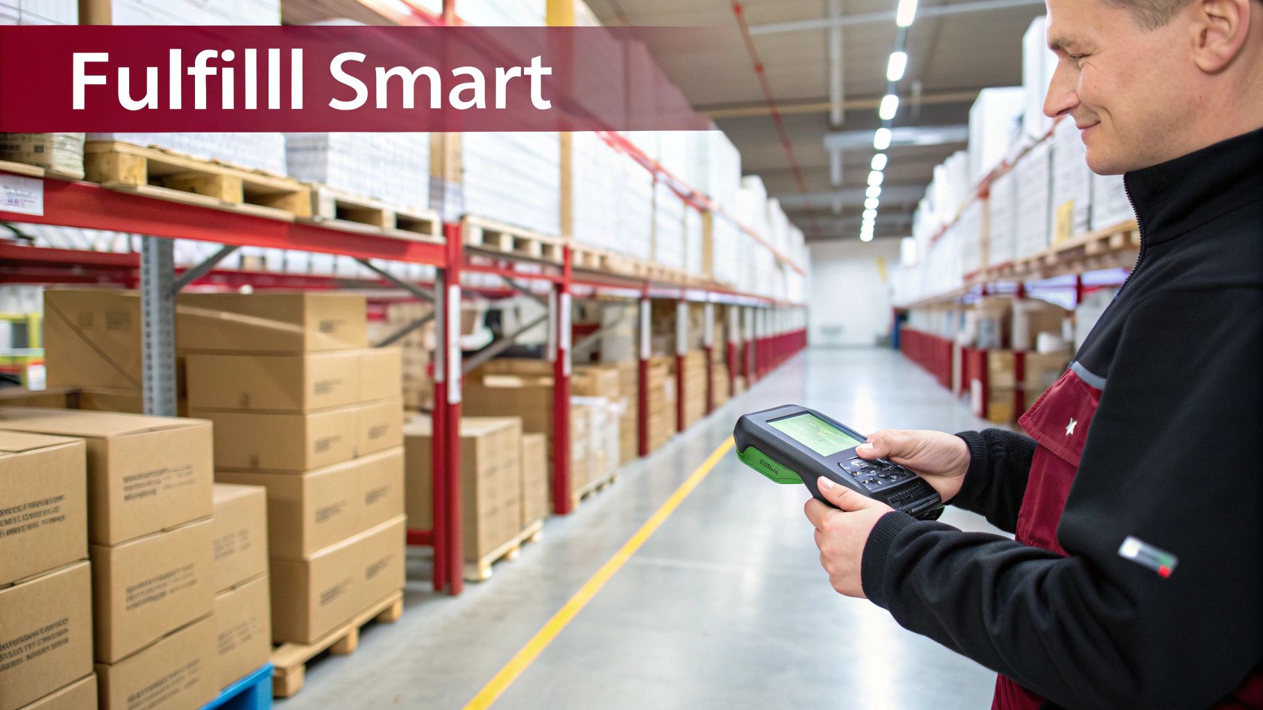A man in a warehouse uses a handheld scanner to manage inventory, surrounded by shelves and boxes.