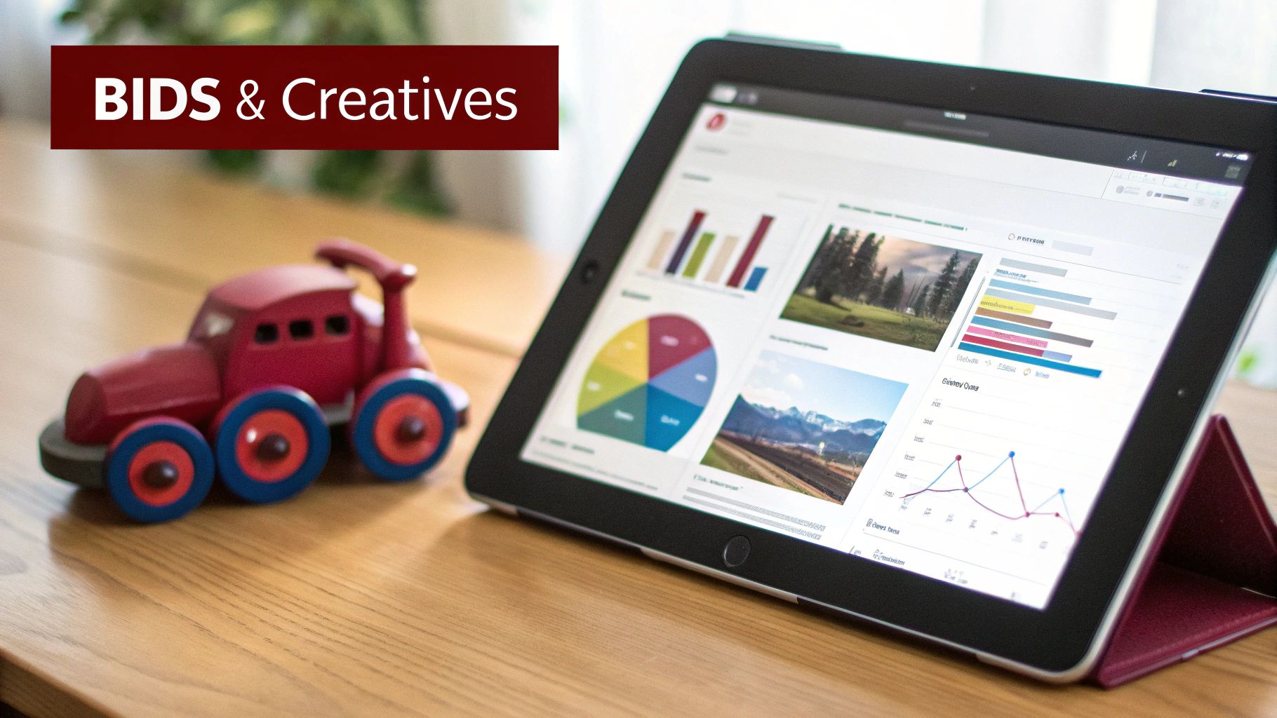 A red toy truck on a wooden table next to a tablet displaying marketing data, charts, and graphs.