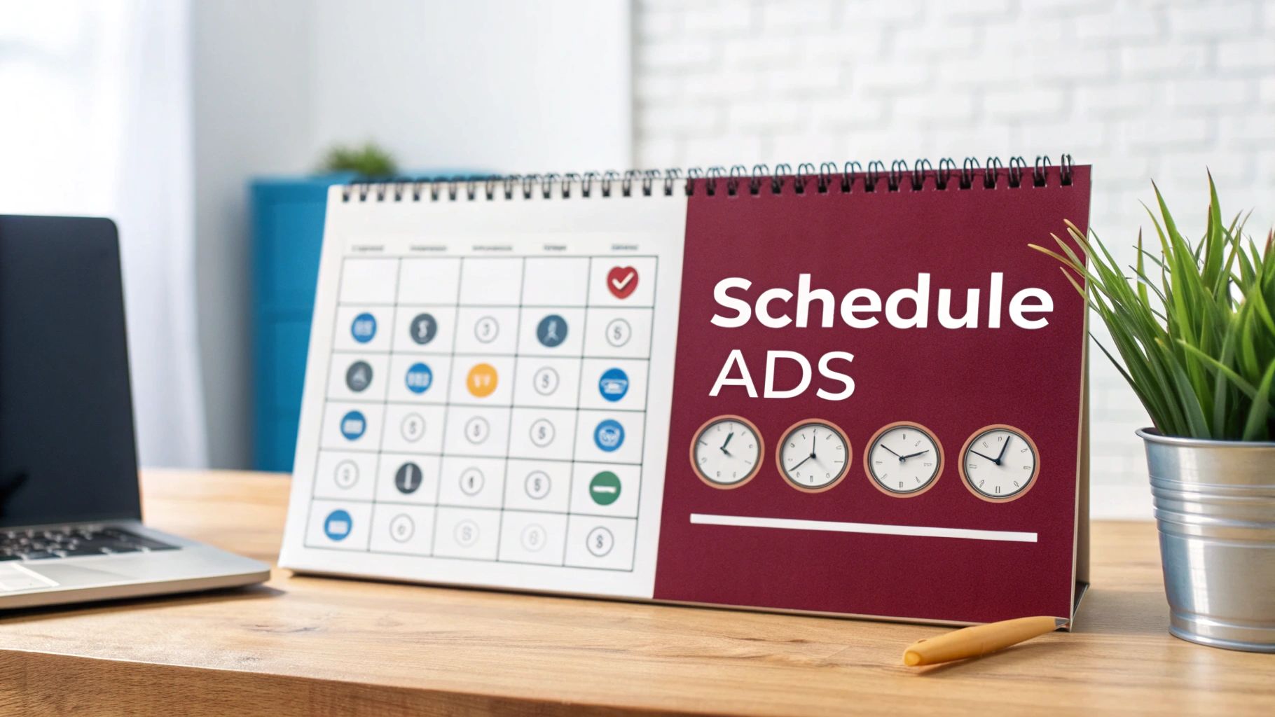 A calendar on a desk with 'Schedule ADS' text, clock icons, and a daily schedule grid, next to a laptop.