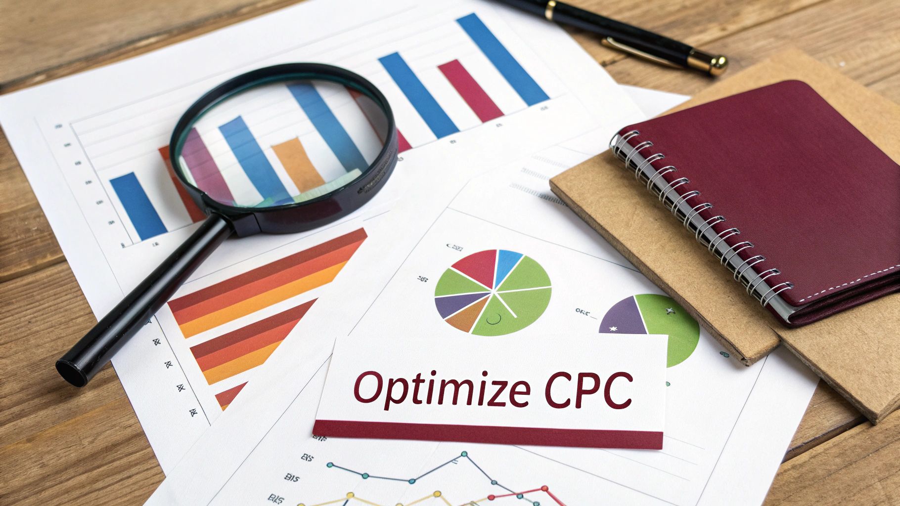 Desk with charts, magnifying glass, pen, notebook, and a card reading 'Optimize CPC'.