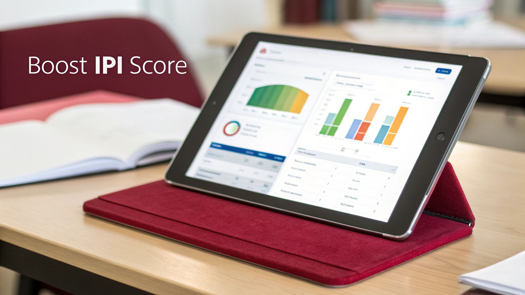 A tablet displays colorful charts and data for boosting Amazon IPI Score.