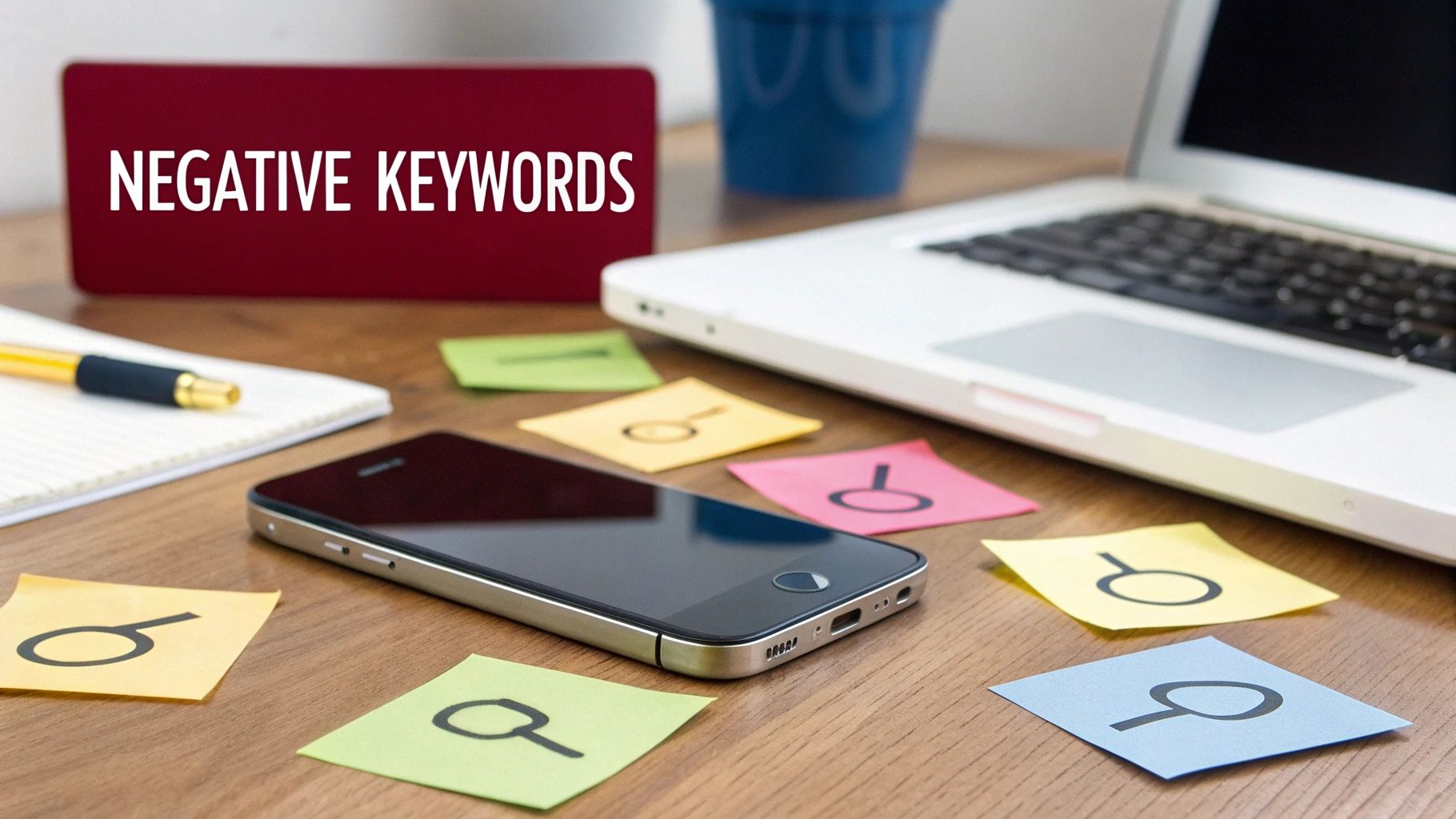 A desk setup with a laptop, smartphone, and a red sign displaying 'NEGATIVE KEYWORDS'.