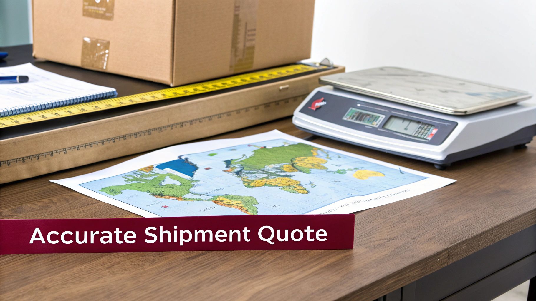 Desk with shipping box, measuring tape, world map, and digital scale for shipment quoting.