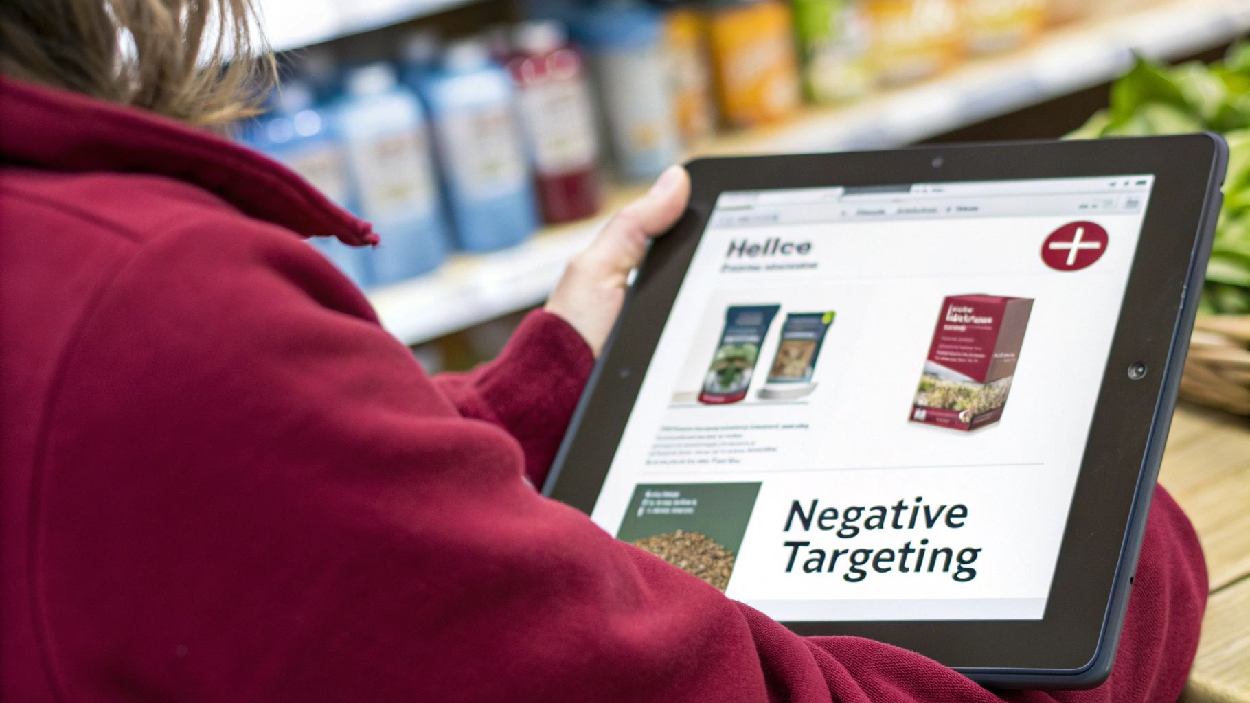 A person in a red sweater holds a tablet showing a product page with 'Negative Targeting' text and products in a store.