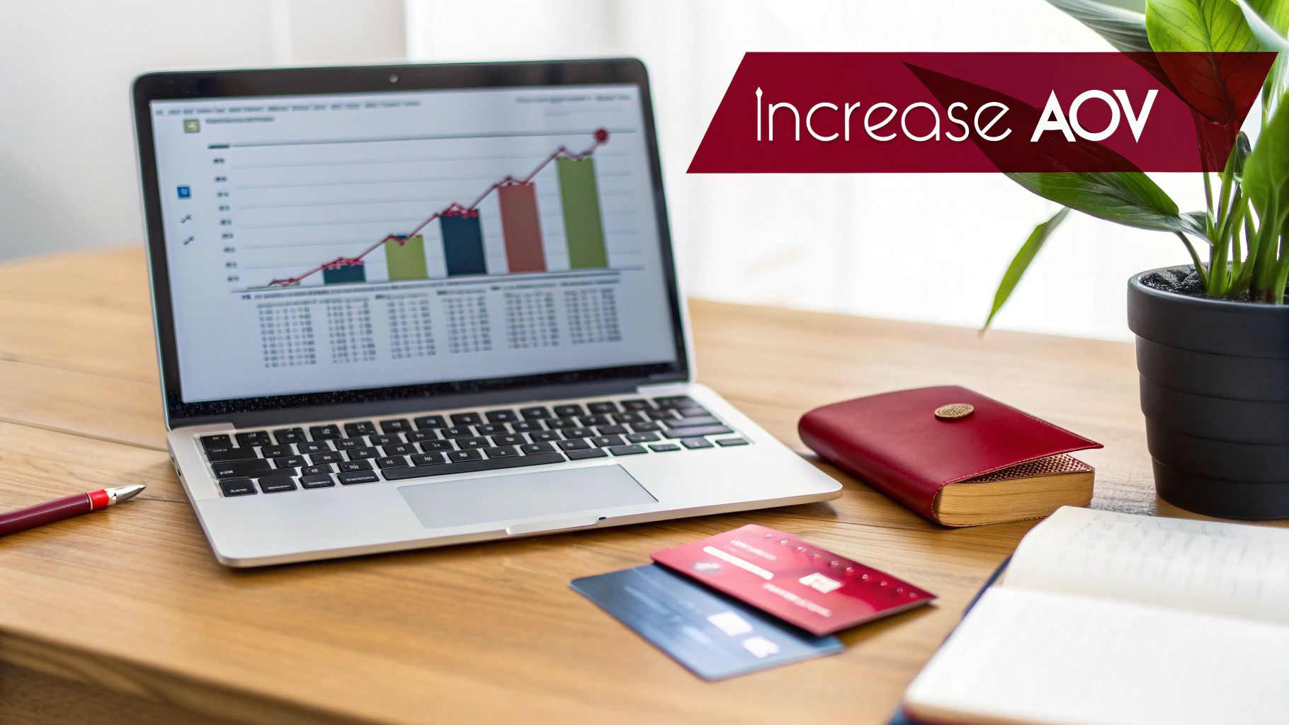 Laptop displaying a rising sales graph, credit cards, and a notebook on a wooden desk, with 'Increase AOV' banner.