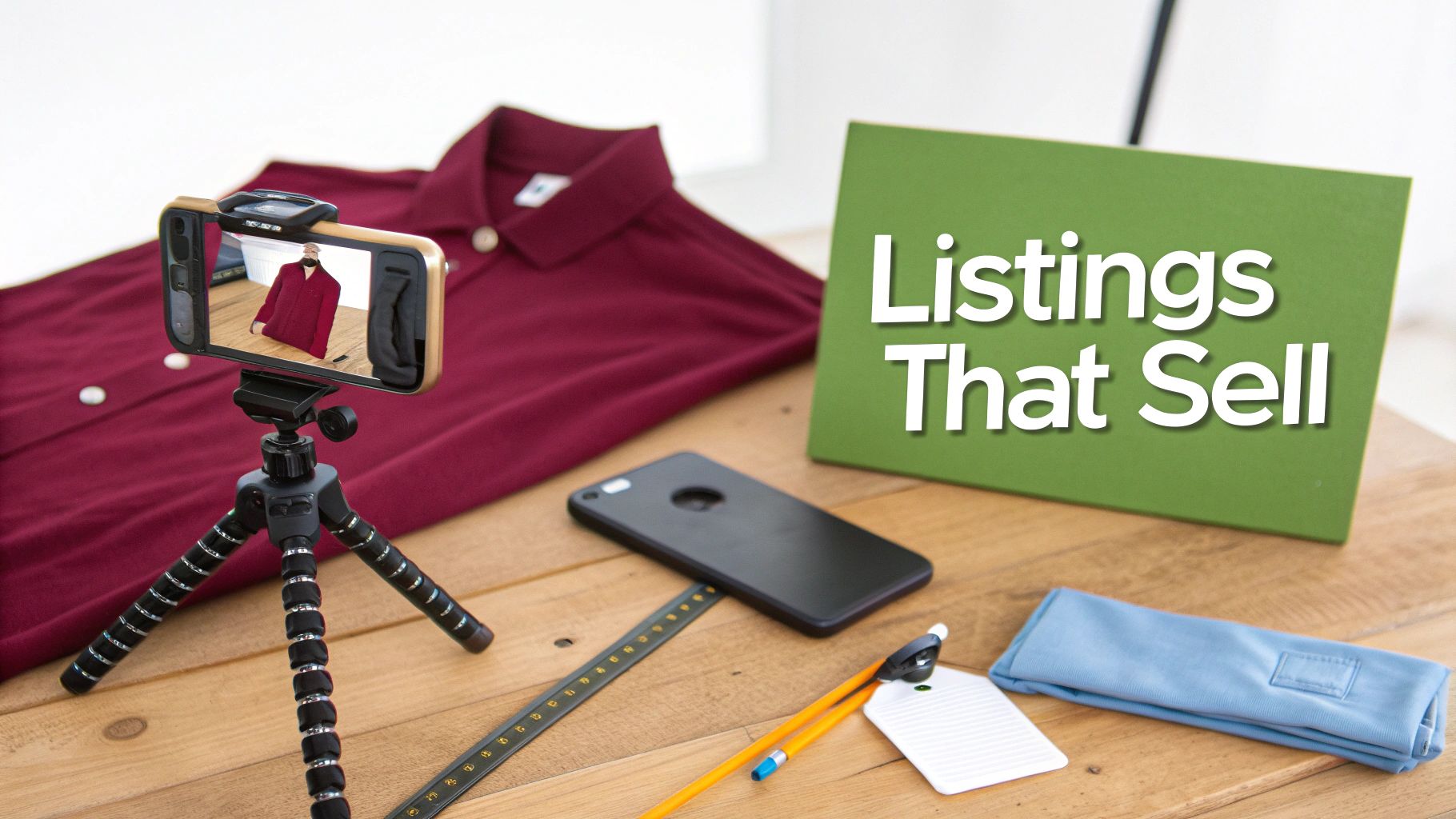 A person preparing clothes for an online listing, using a steamer and organizing items.