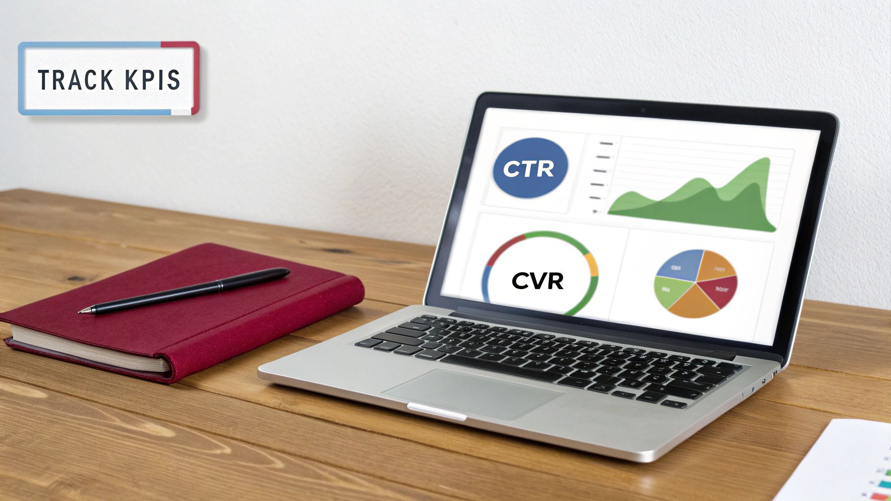 A laptop on a wooden desk displays a dashboard with CTR, CVR, and other KPI charts, emphasizing performance tracking.