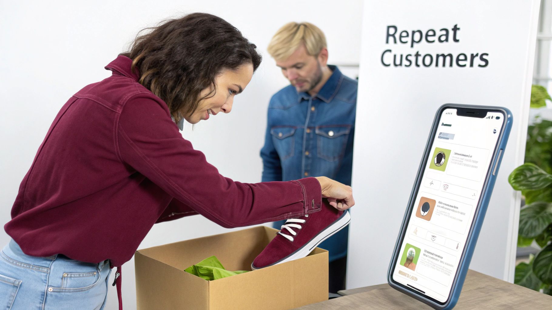 A customer receiving a loyalty reward on their phone, symbolizing the value of repeat business.