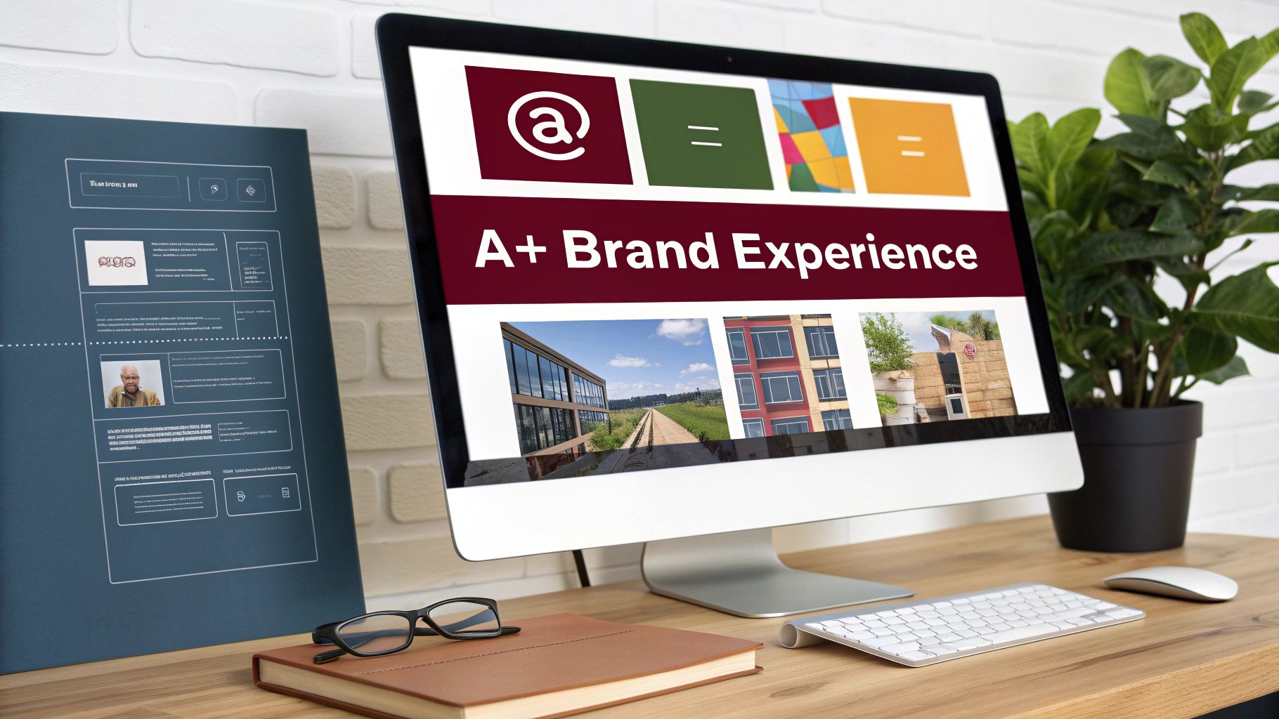 A collage showing an Amazon A+ Content module and a well-designed Amazon Brand Store on a laptop screen.
