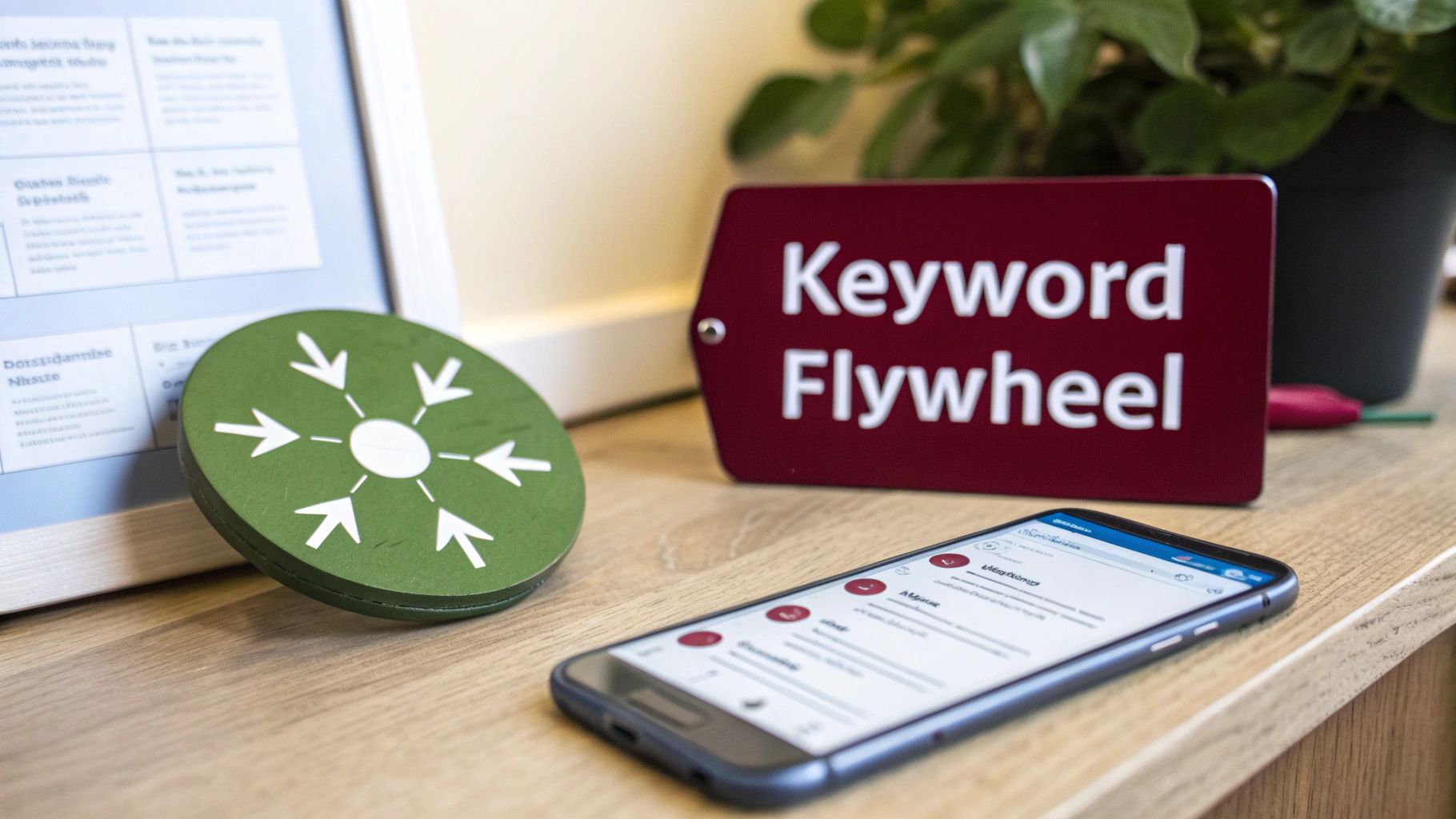 A red sign on a wooden desk displays 'Keyword Flywheel' next to a green disk with arrows.