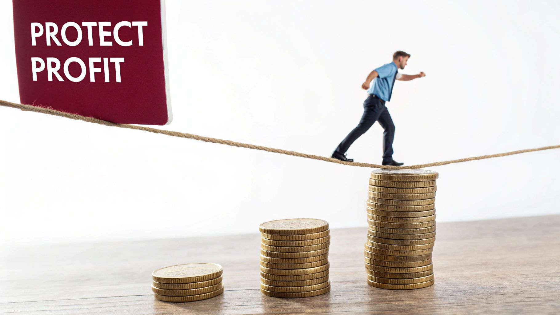 A businessman carefully walks a tightrope over growing coin stacks towards a 'PROTECT PROFIT' sign.