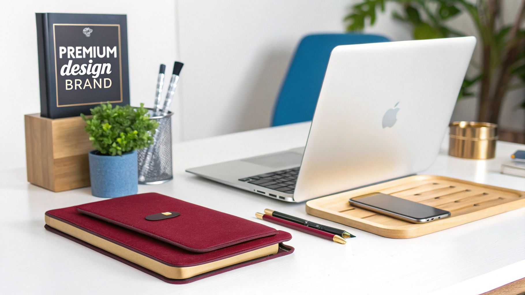 Professional office desk with an open laptop, a red notebook, pens, and a 'Premium design BRAND' book.