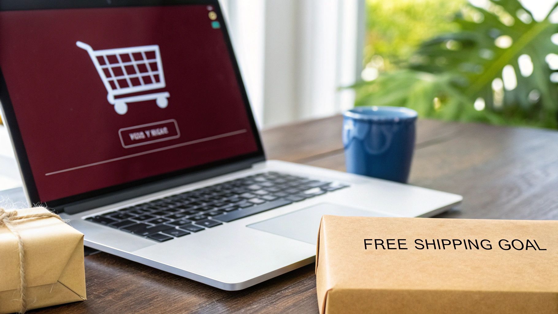 Laptop with a shopping cart icon, a "FREE SHIPPING GOAL" box, and a gift parcel.