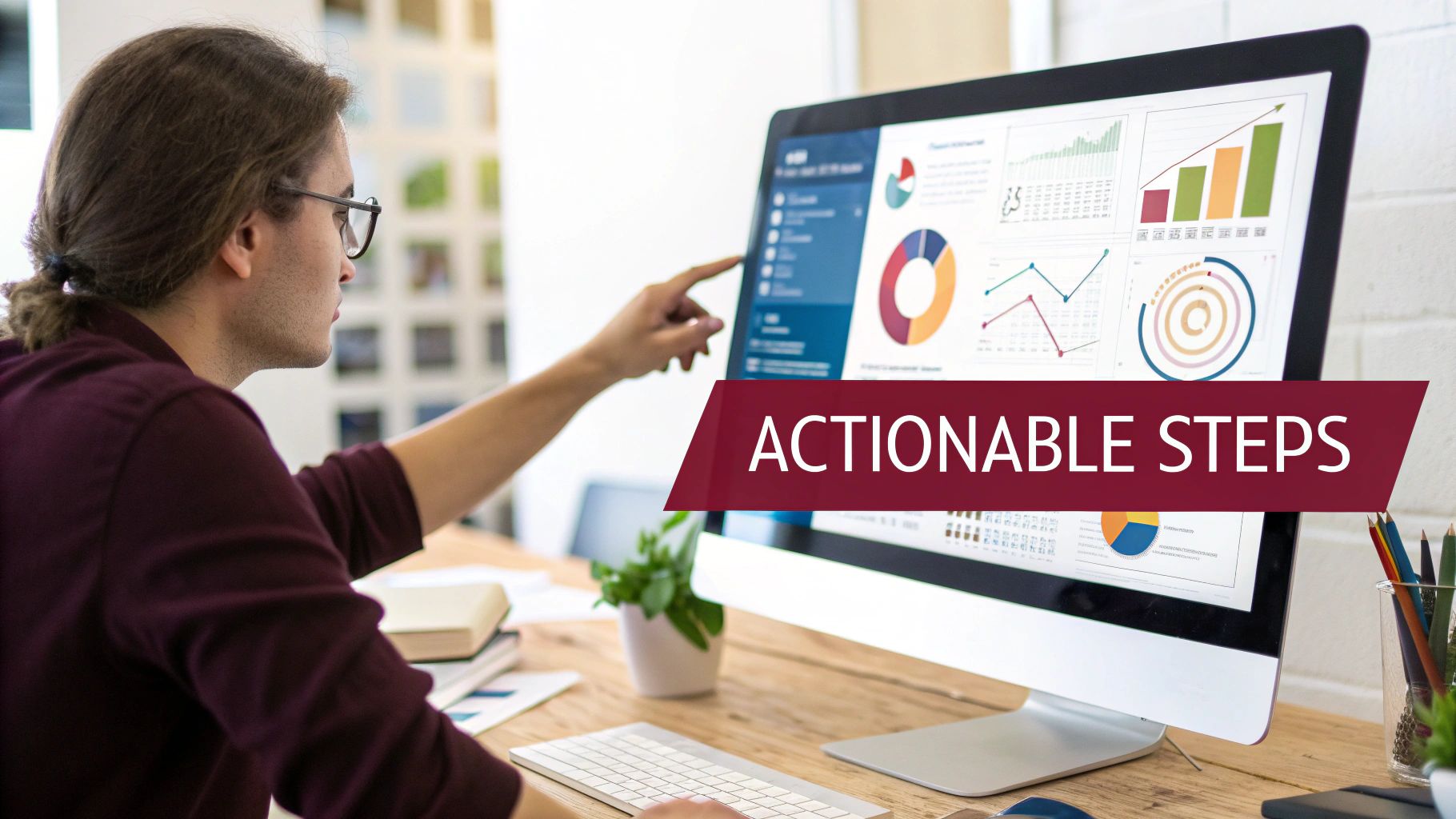 Man pointing at a computer screen displaying business data analysis and actionable steps.