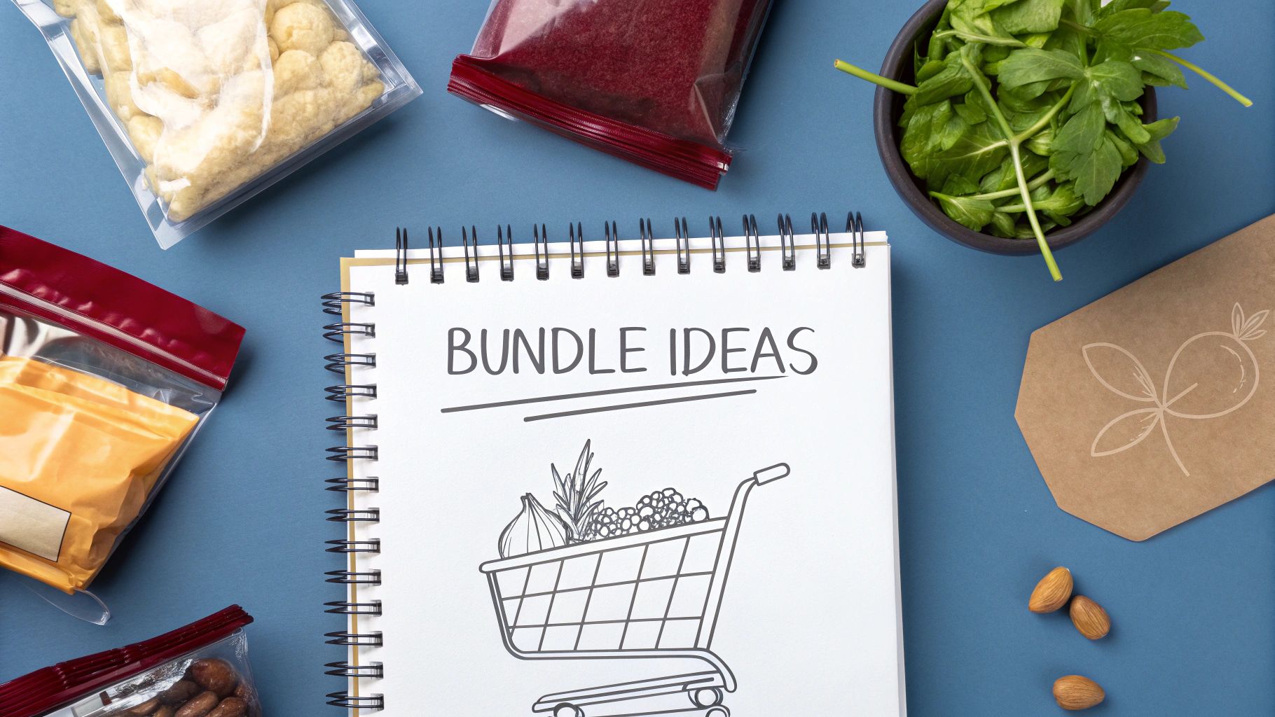 Two people collaborating over a desk with product samples and a laptop displaying analytics charts, planning new product bundles.