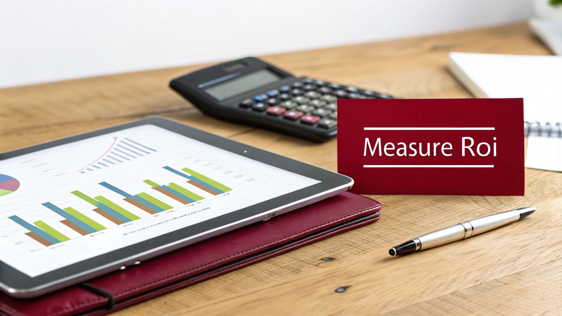 A wooden desk with a tablet displaying financial graphs, a calculator, a pen, and a red card saying 'Measure ROI'.