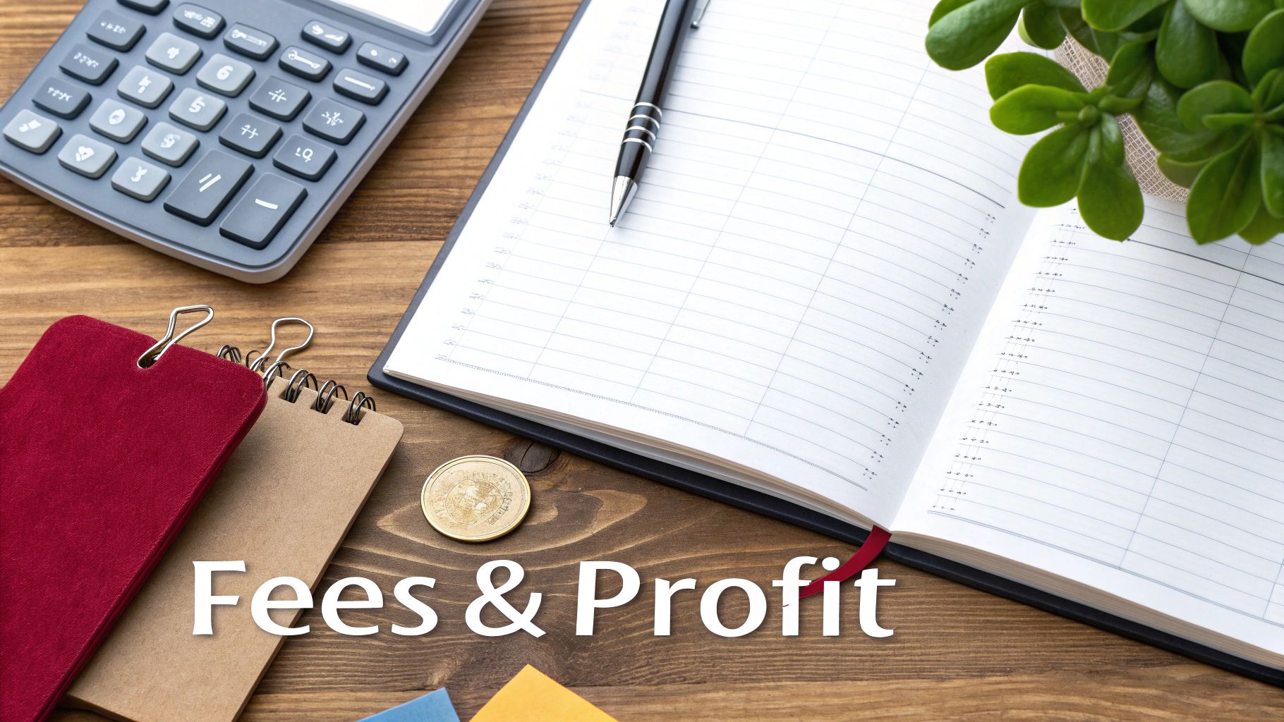 Overhead shot of a desk with calculator, open planner, notebooks, and 'Fees & Profit' text.