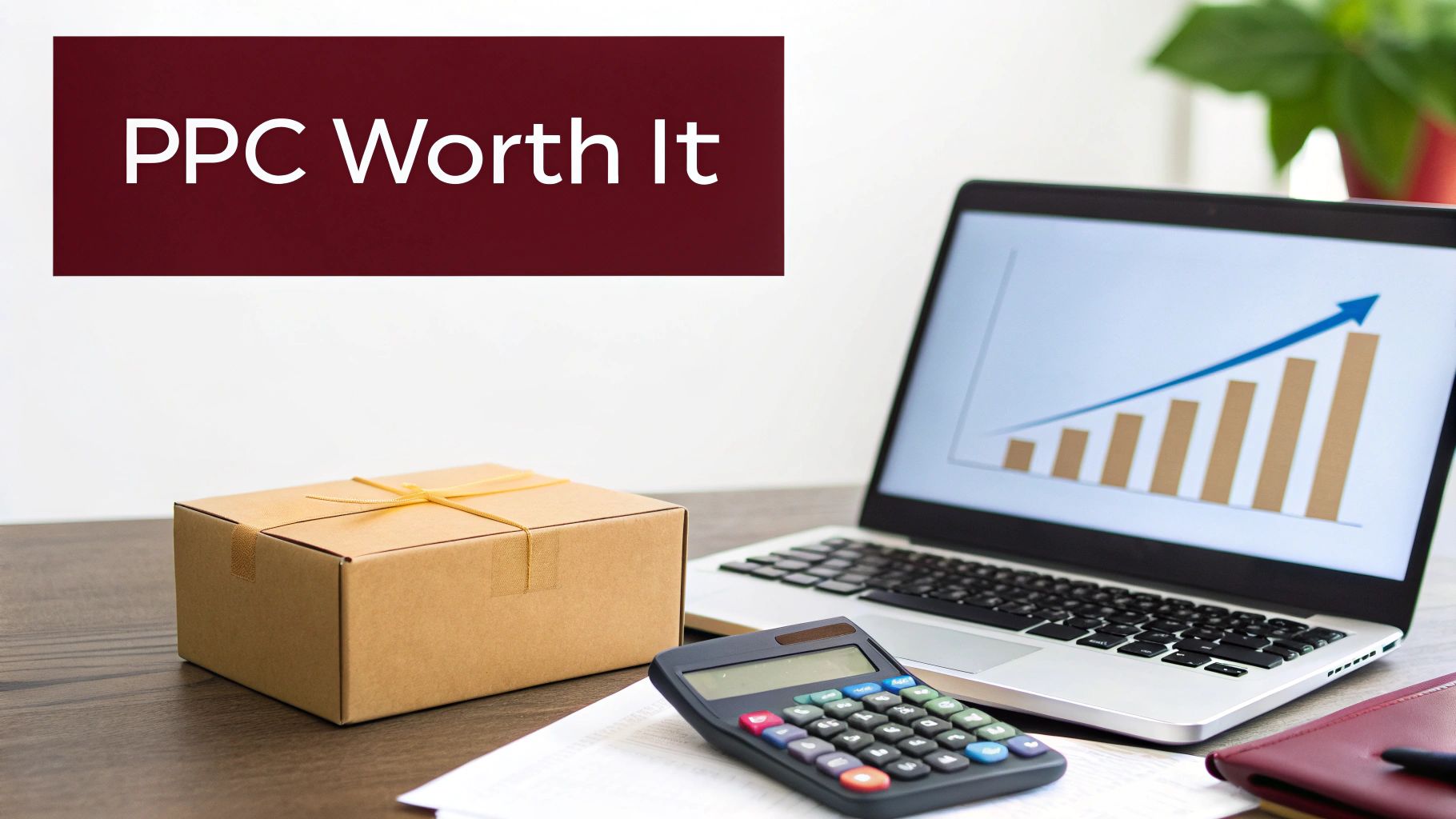 A desk with a laptop showing a rising bar graph, a calculator, and a box, with 'PPC Worth It' text.