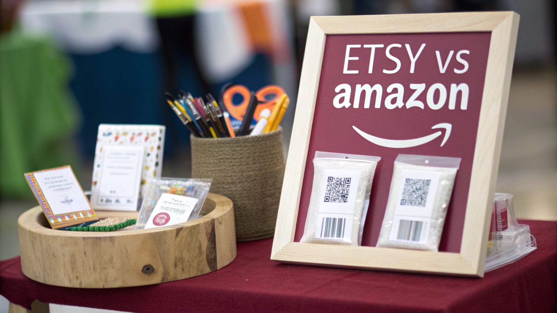 A display comparing Etsy vs Amazon, featuring craft supplies, QR codes, and art tools.