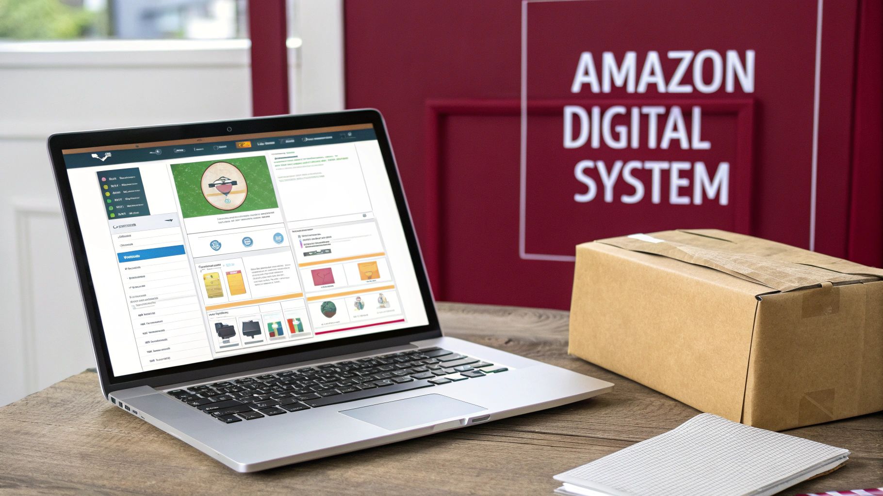 A person working on a laptop with charts and graphs related to Amazon digital marketing in the background.