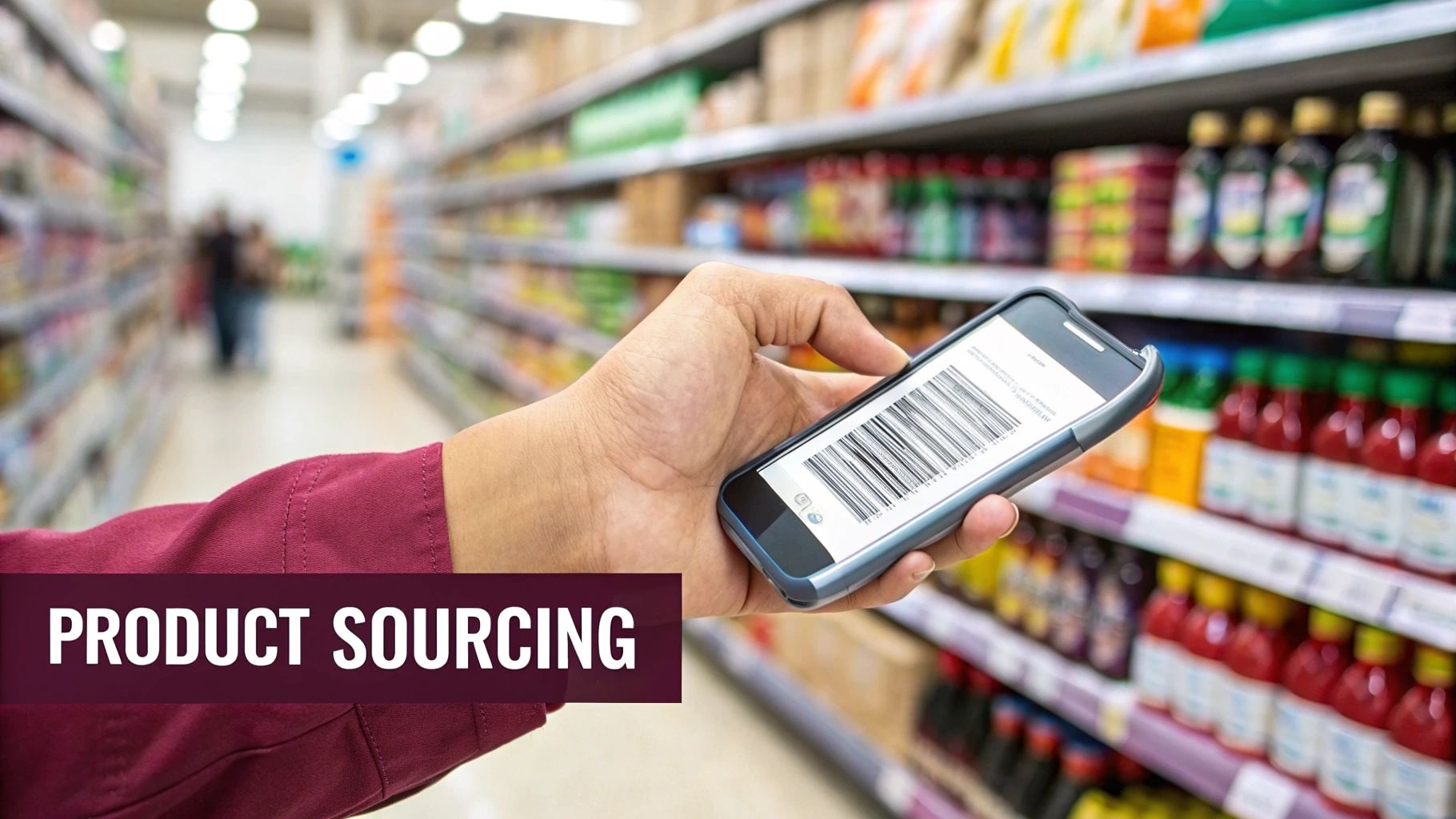 Close-up of a hand holding a smartphone scanning a product barcode in a store aisle for sourcing.
