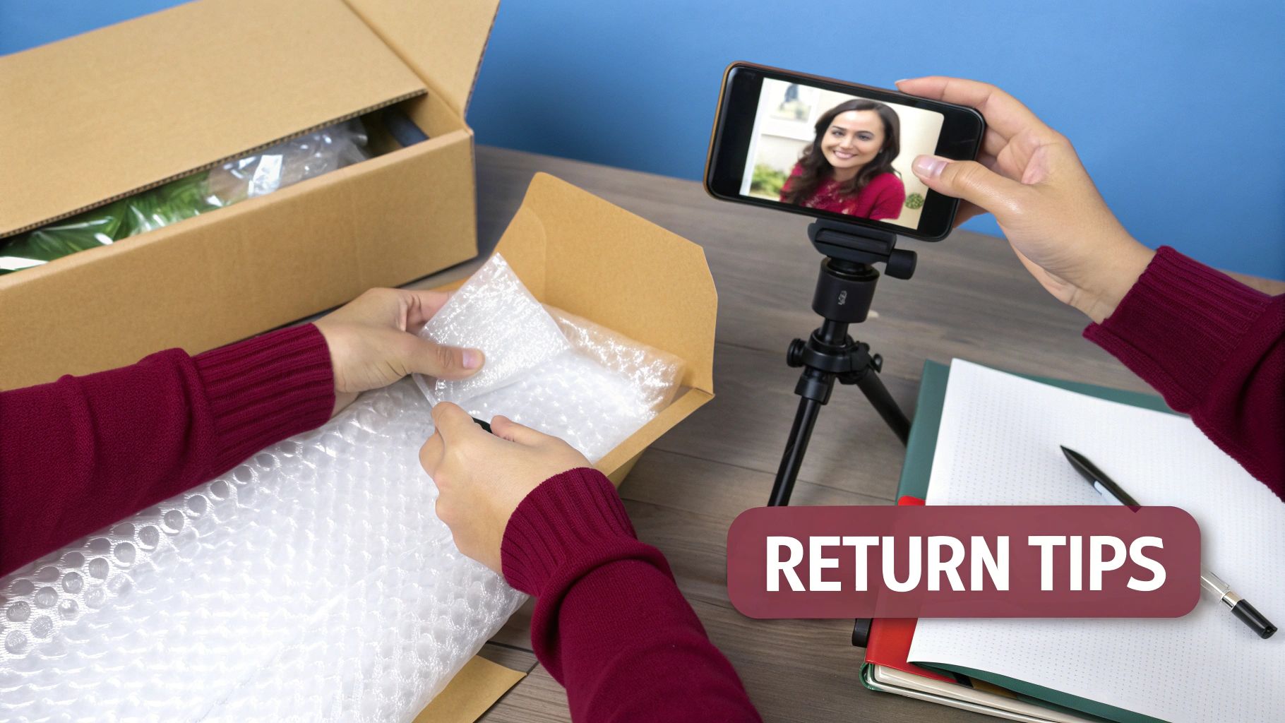 A person packing an item with bubble wrap into a cardboard box, recording a video for return tips.