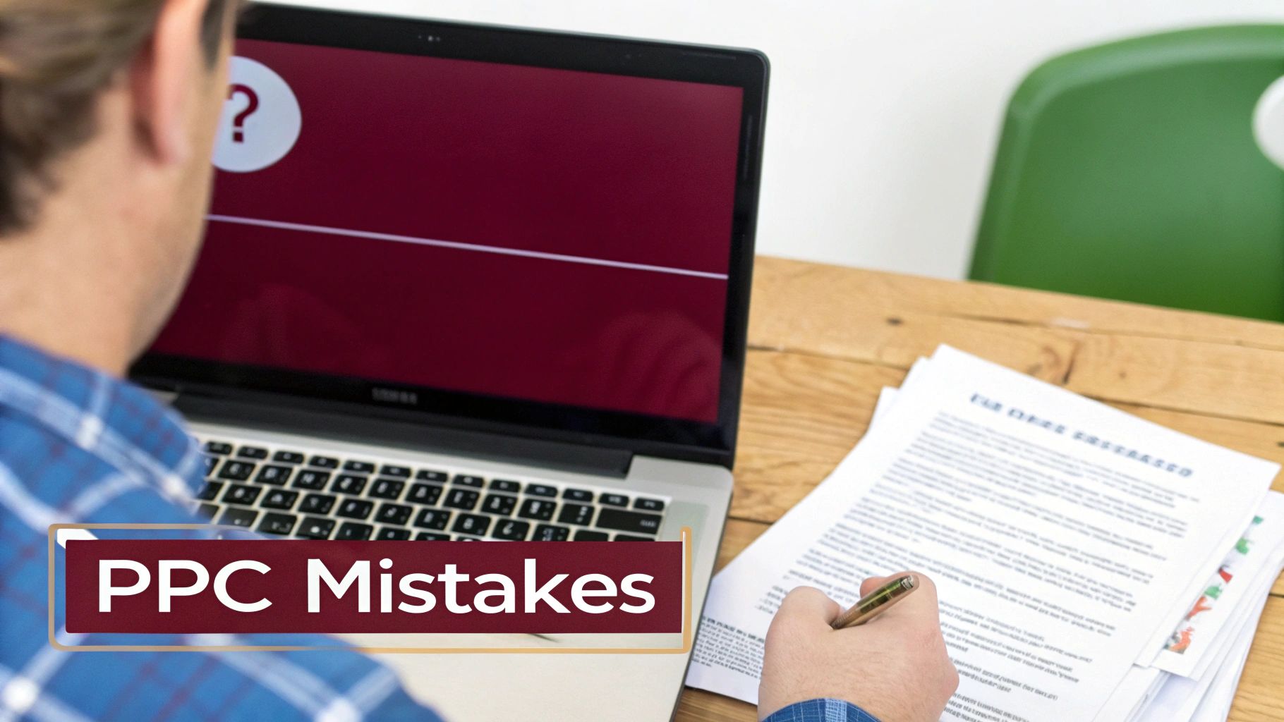 A person views 'PPC Mistakes' on a laptop with a question mark icon, reviewing documents.