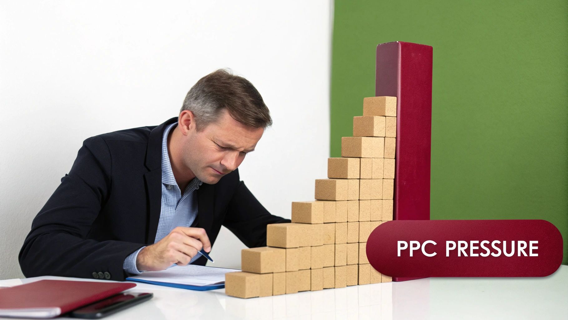 A businessman looking stressed at documents, with a rising block graph and 'PPC PRESSURE' text.