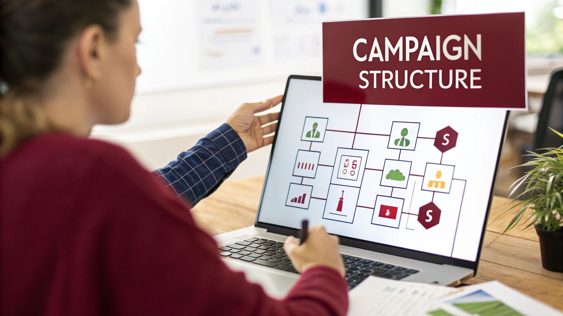 Two professionals analyze a 'Campaign Structure' flowchart on a laptop, discussing marketing strategy.