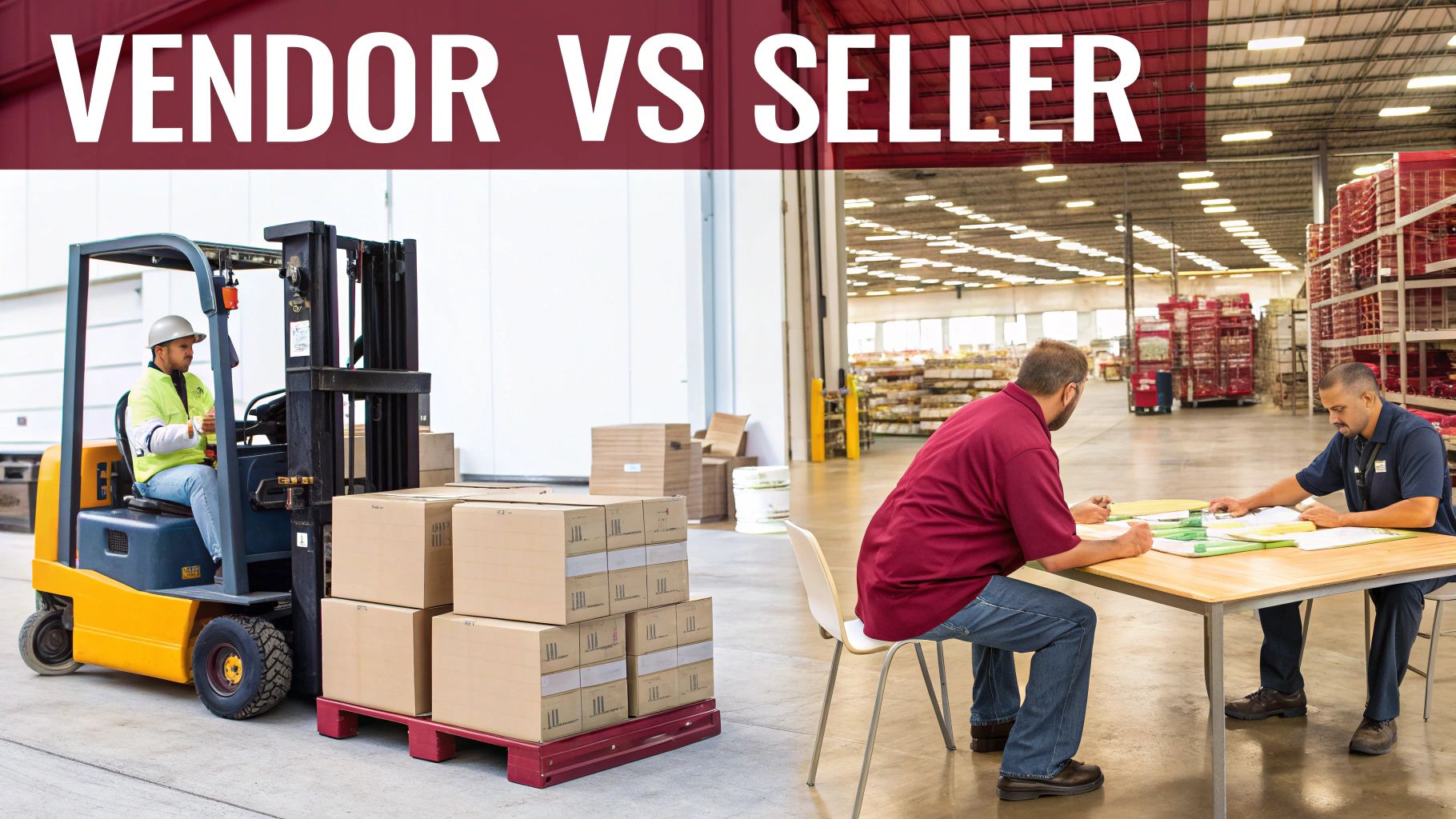 A warehouse scene with a forklift operator and two men reviewing documents, contrasting vendor and seller roles.