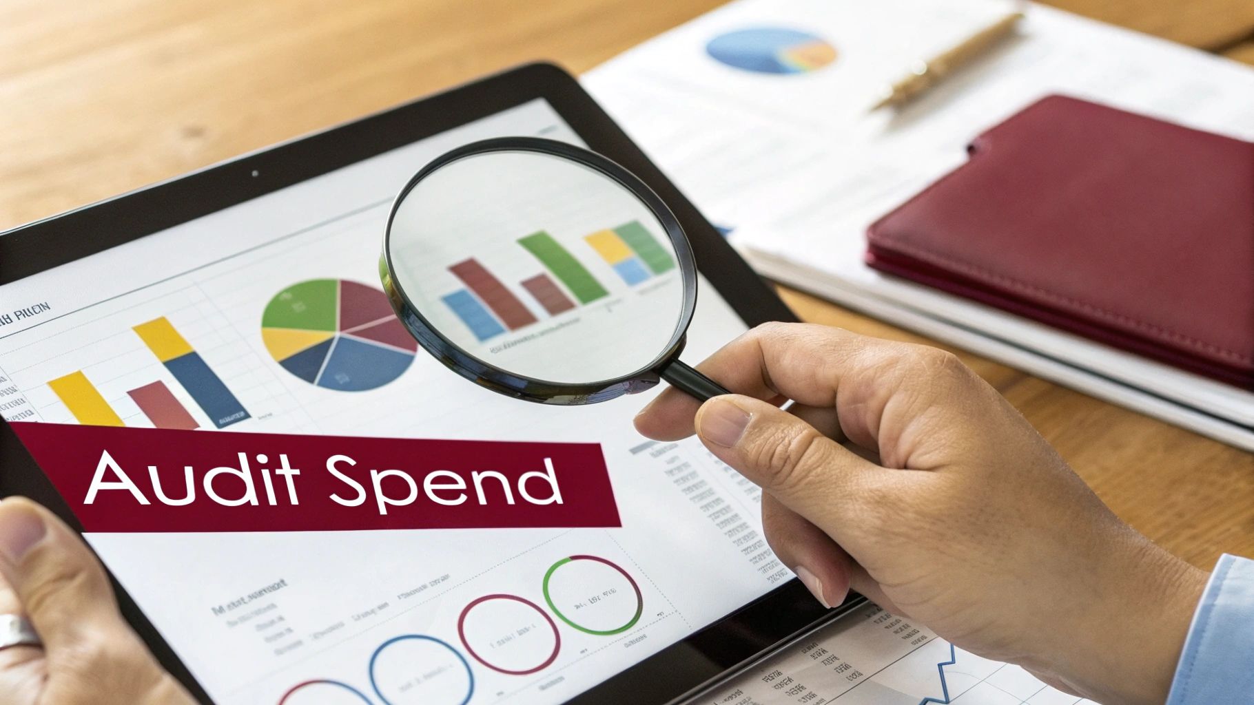 A person's hands audit spend data on a tablet using a magnifying glass over financial charts.