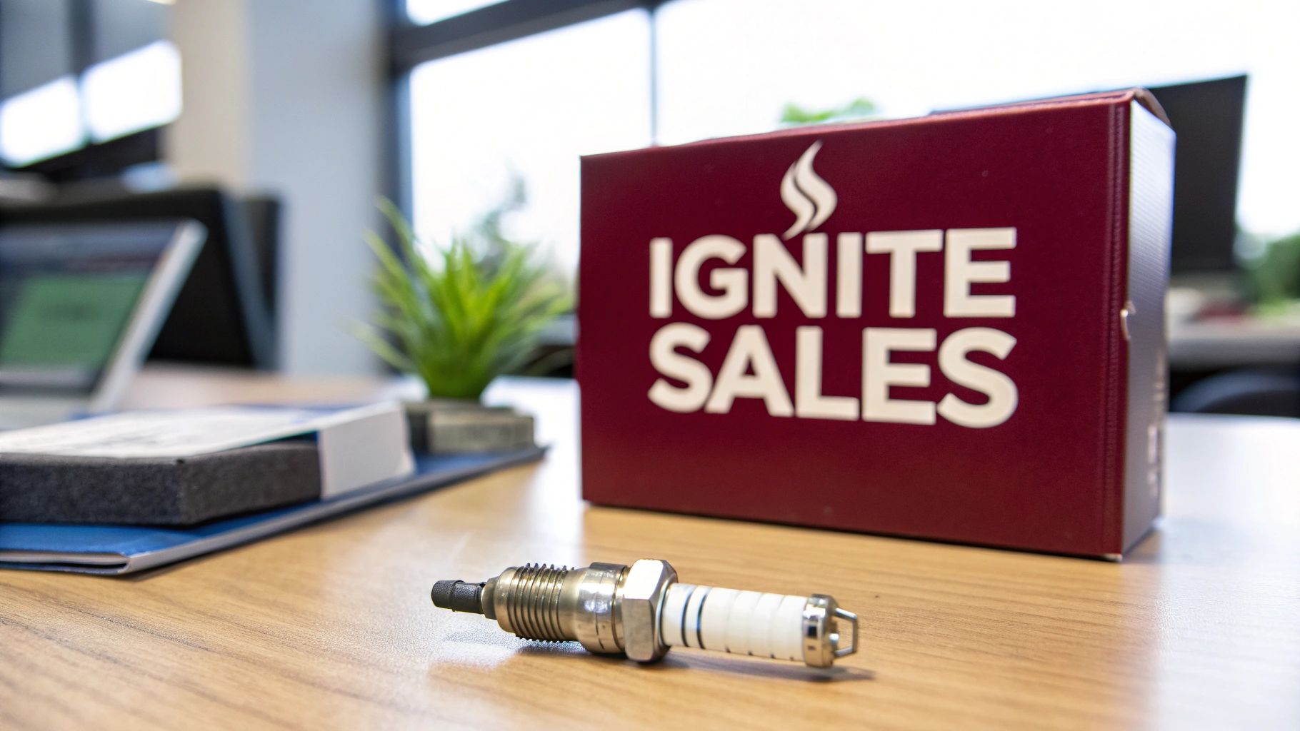 A spark plug and a red 'IGNITE SALES' box on a wooden office desk, symbolizing business growth.
