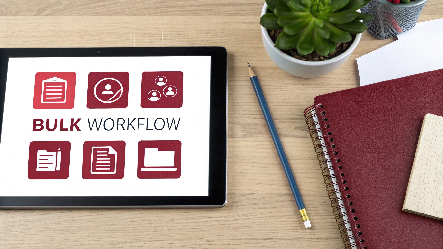 Tablet displaying 'BULK WORKFLOW' icons on a wooden desk with a notebook, pencil, and plant.