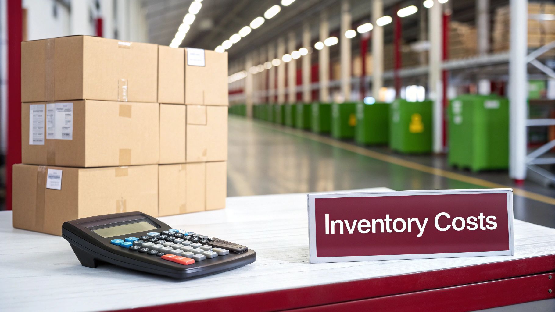 Cardboard boxes, a calculator, and an 'Inventory Costs' sign on a table in a warehouse.