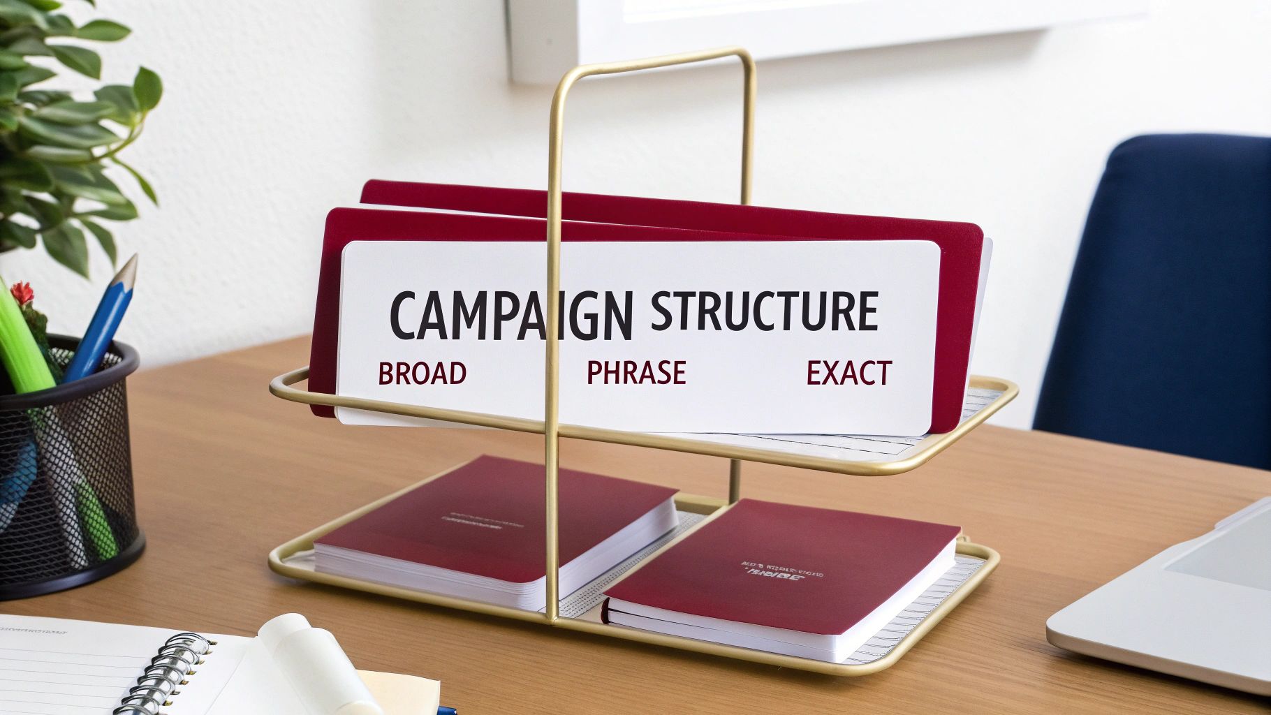 A desk organizer displays 'Campaign Structure' with 'Broad', 'Phrase', and 'Exact' keyword match types.