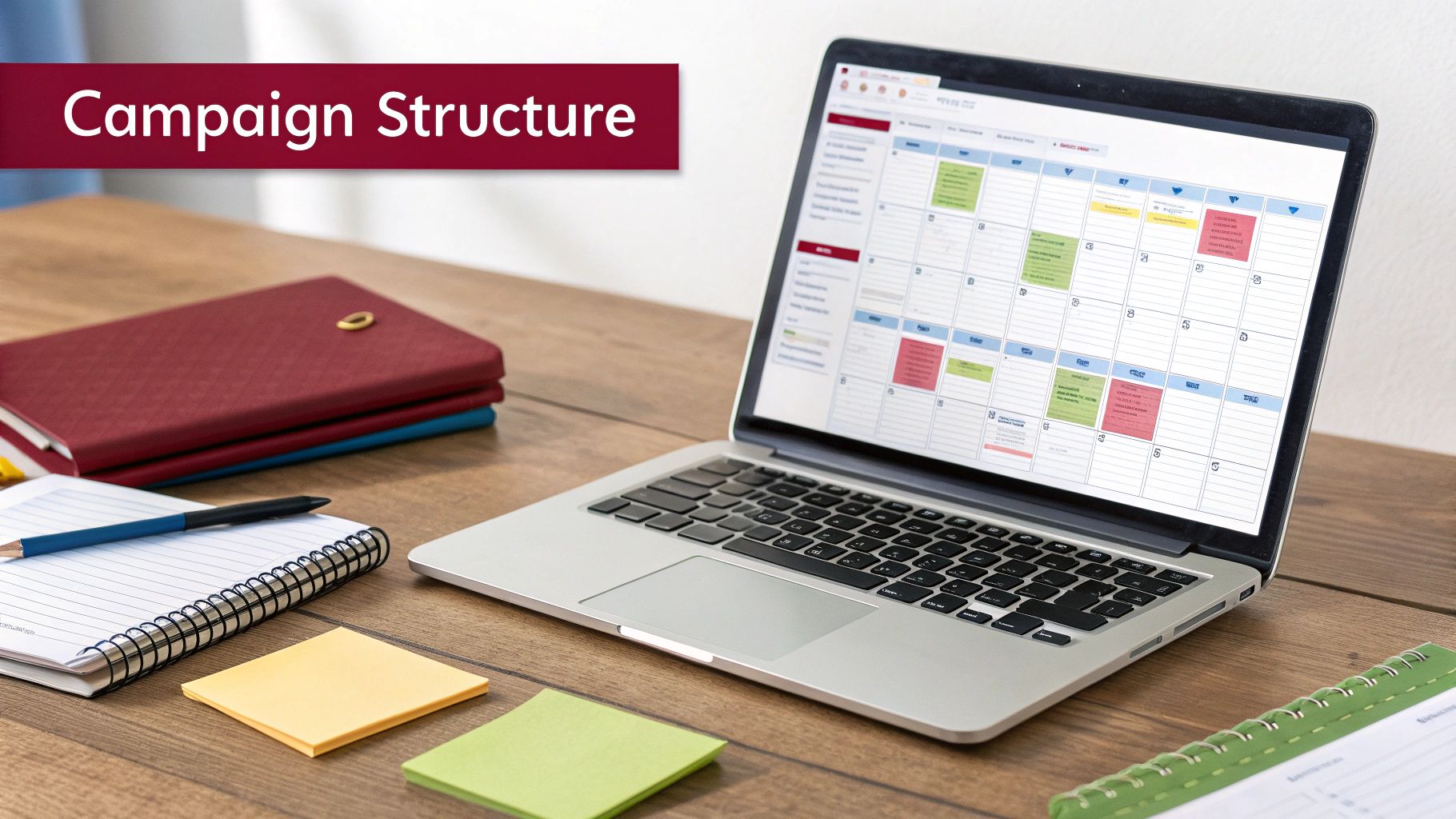 A laptop displaying a campaign structure calendar, surrounded by notebooks, a pen, and sticky notes on a wooden desk.