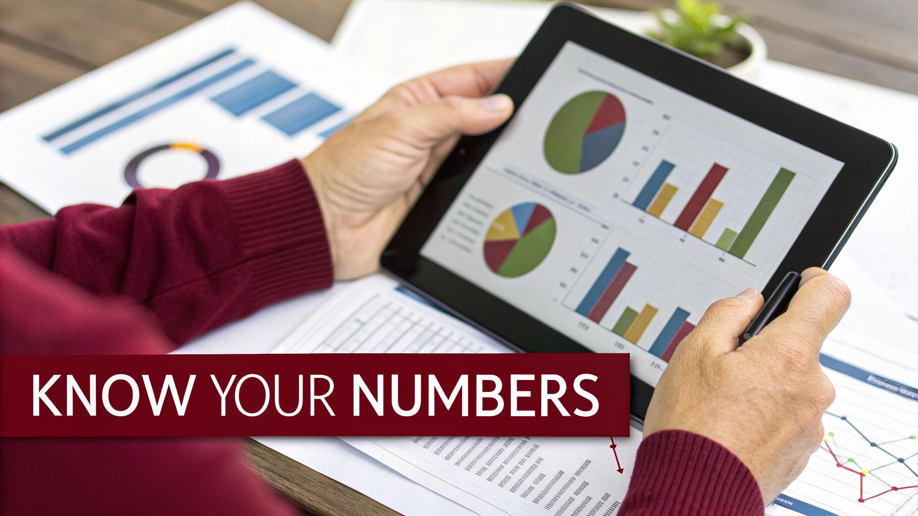 A person analyzing business data and financial charts on a tablet and paper documents.
