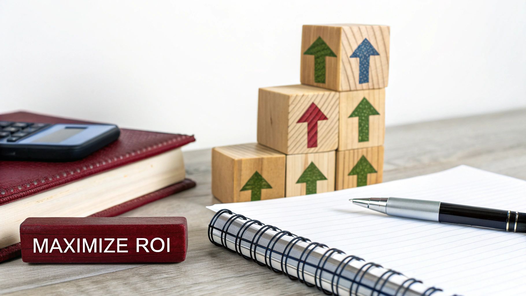 A business desk setup with 'MAXIMIZE ROI' block, calculator, and wooden cubes with upward arrows.