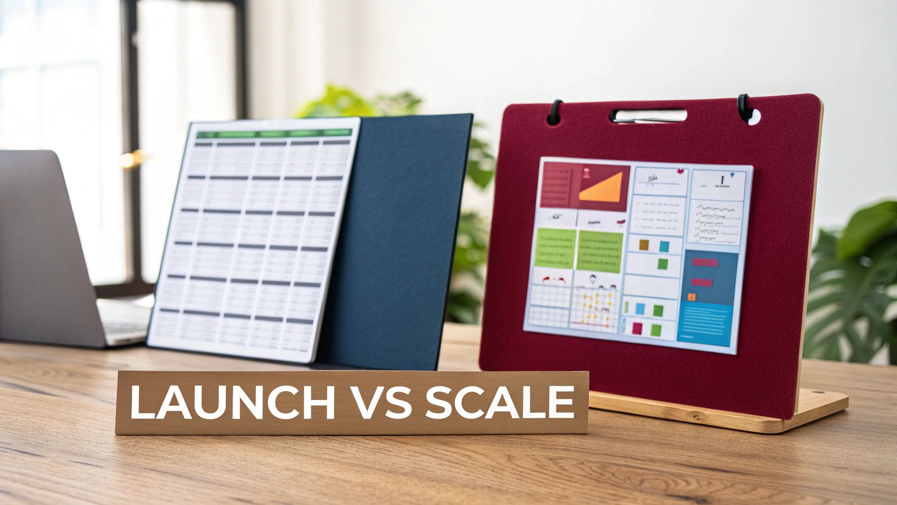 A wooden sign on a desk saying 'LAUNCH VS SCALE' with business documents and a laptop.