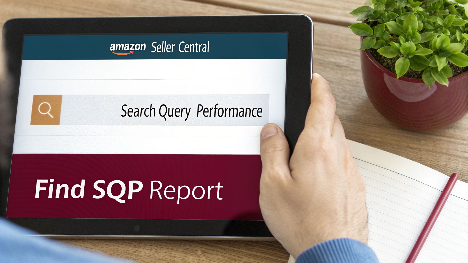 Hand holding a tablet displaying Amazon Seller Central search for 'Search Query Performance' and 'Find SQP Report'.