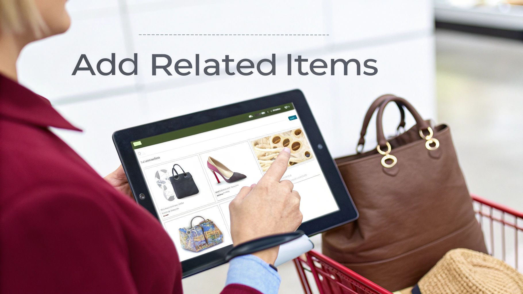 A person uses a tablet to browse related products and add items to their shopping cart.