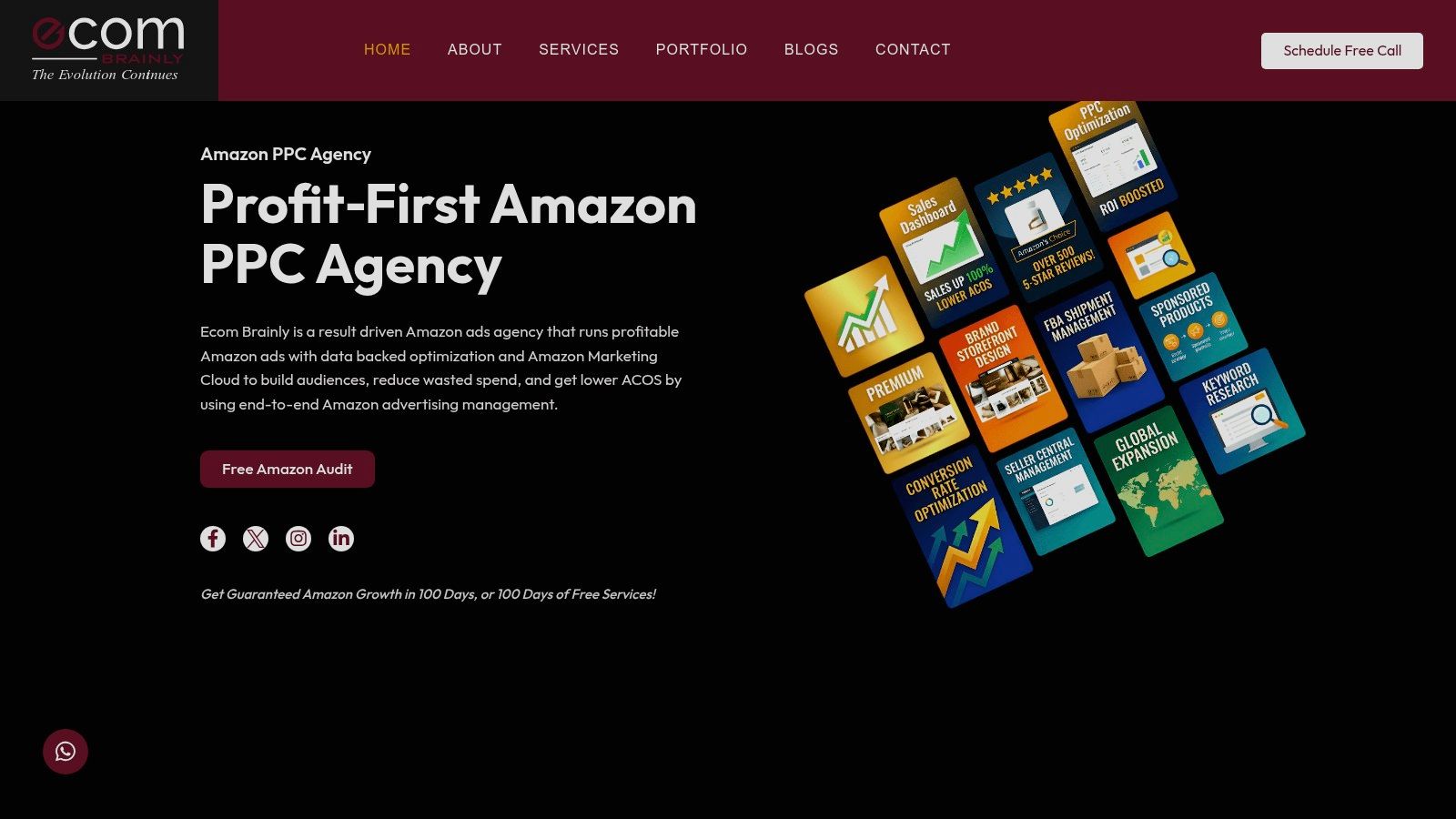 Ecom Brainly's homepage showcasing their Amazon agency services