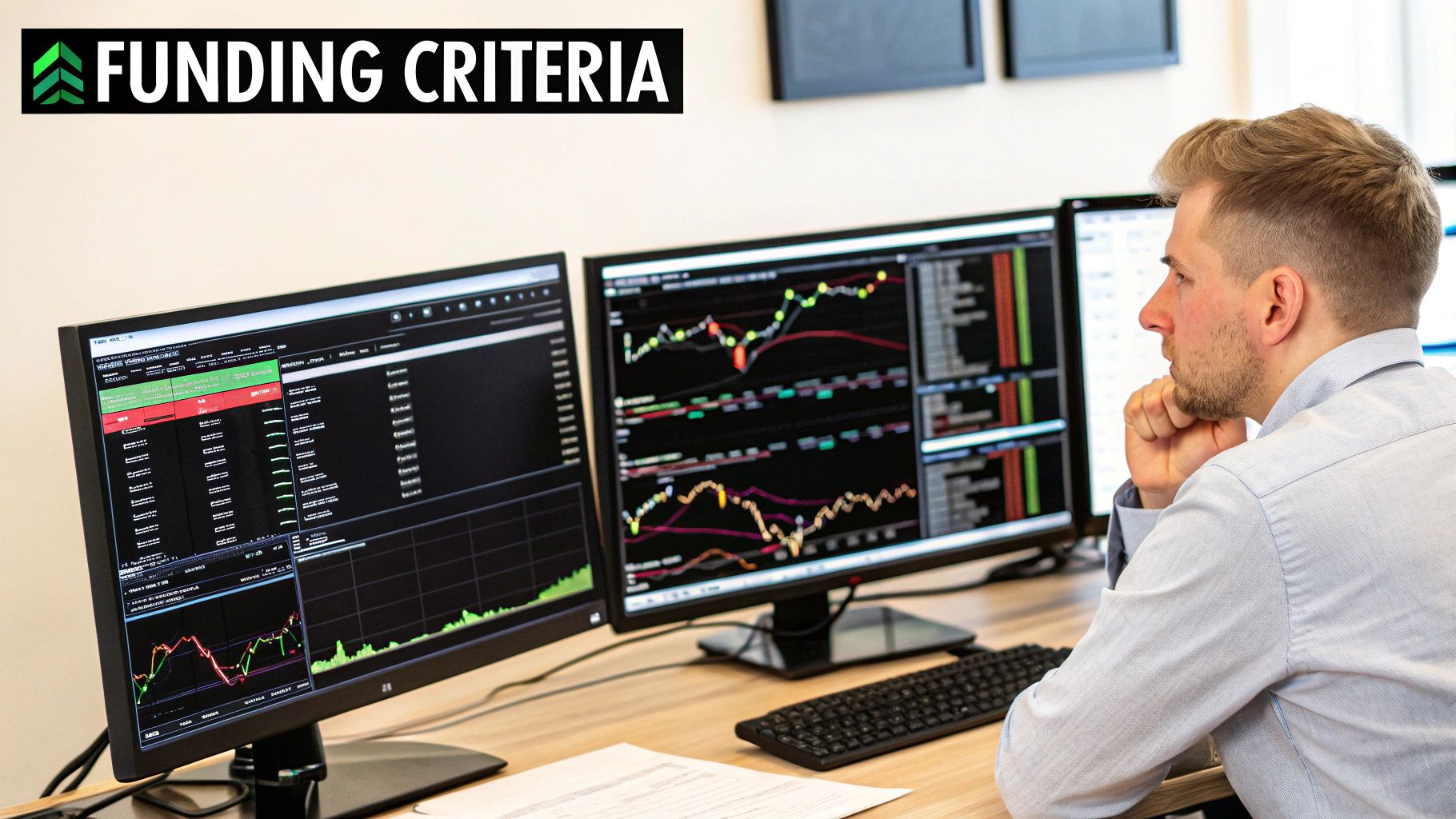 A trader analyzing financial charts on multiple screens, showing focus and strategy.
