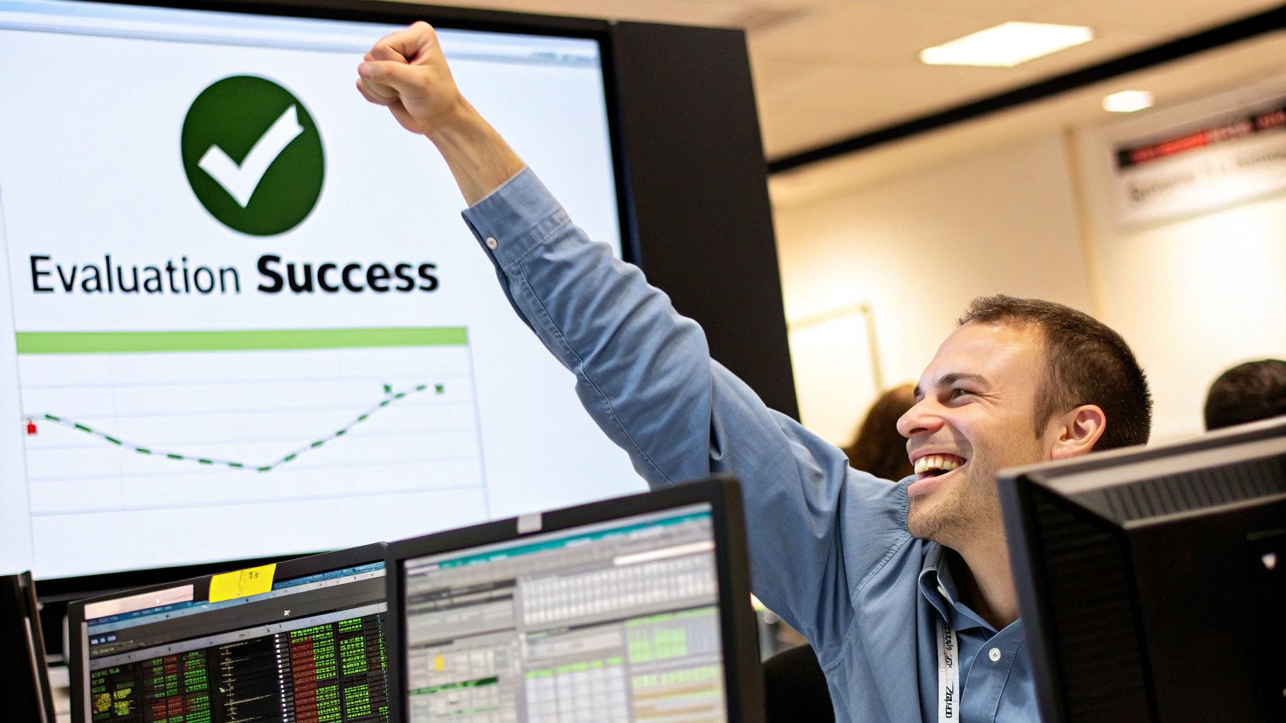 A trader's desk with a focused blueprint for passing a prop firm evaluation challenge.