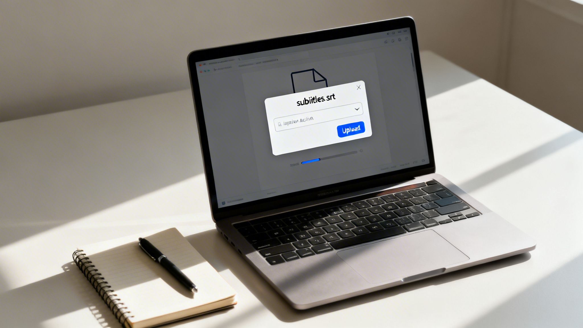 A laptop screen shows a 'subtitles.srt' upload dialog with a notebook and pen nearby.