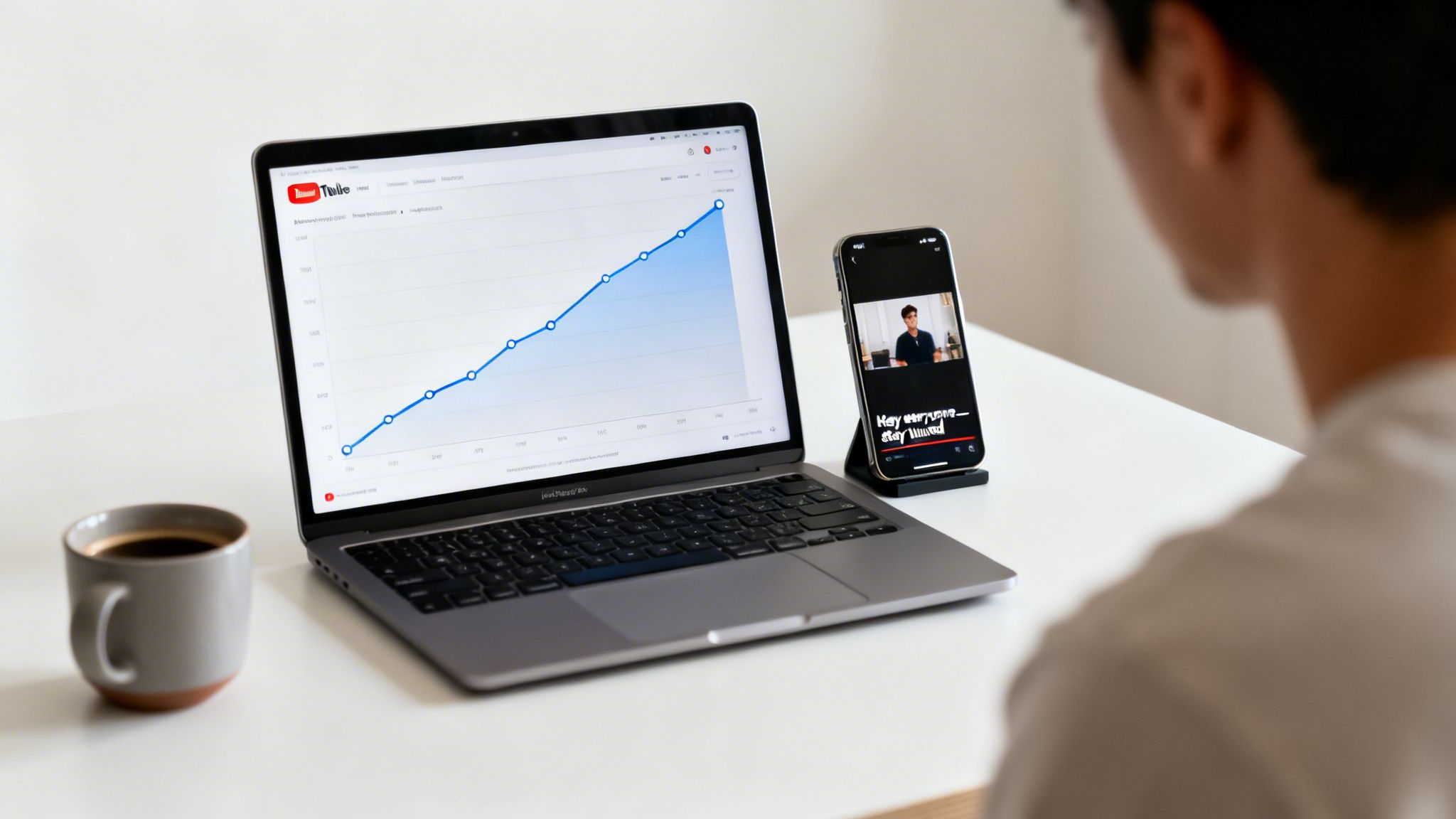 A person views YouTube analytics on a laptop and watches a video on a smartphone with a coffee cup.