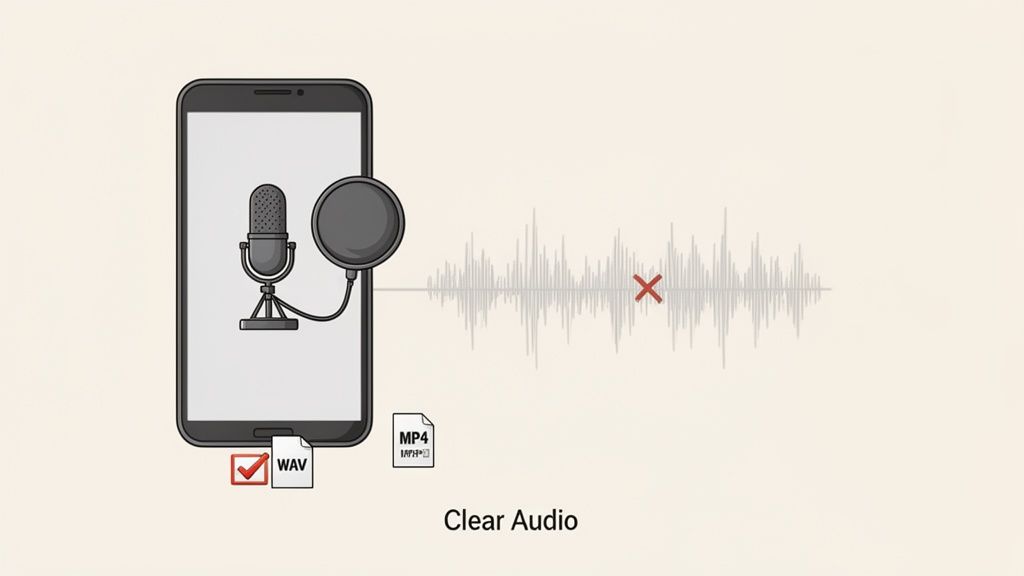 A smartphone connected to a microphone and pop filter for recording clear audio, showing WAV file format.
