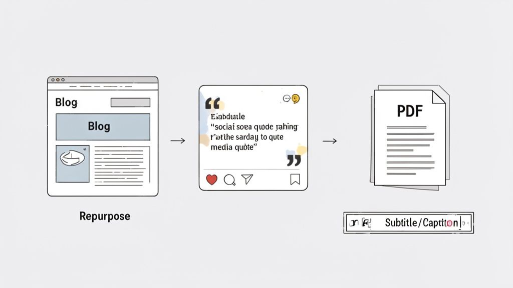 A diagram illustrates how a blog post can be repurposed into a social media quote, a PDF, and subtitles.