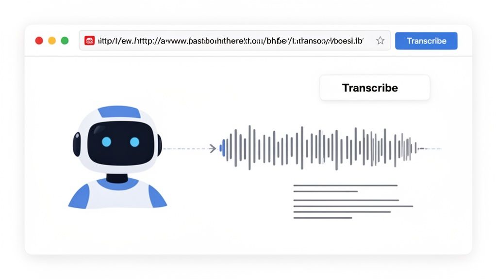 A cartoon robot processes audio waveforms into text transcription within a web browser application.